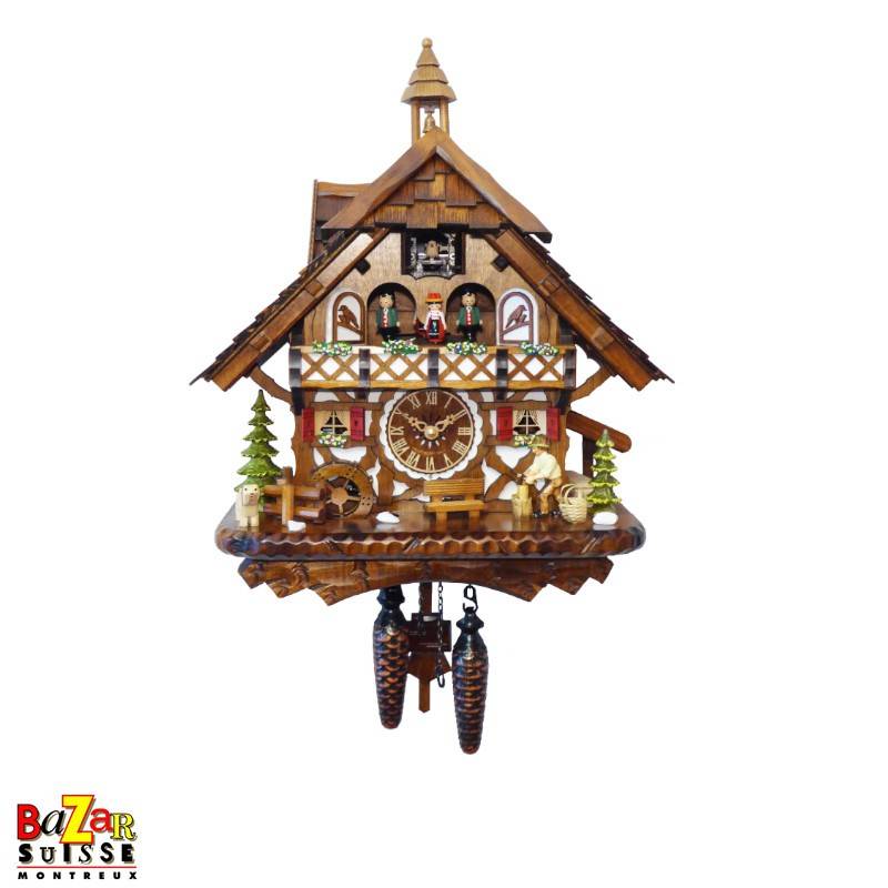 Quartz cuckoo-clock - wood cutter/water mill/dancers