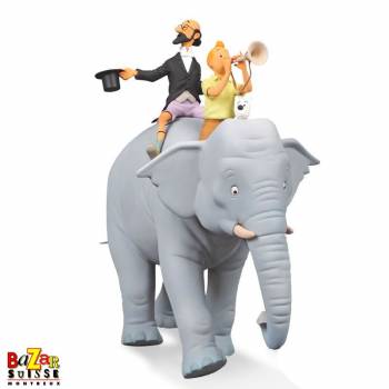 Tintin, Snowy and Philemon on the elephant