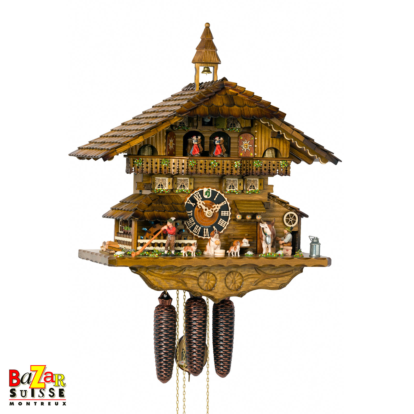 Musical 8-day cuckoo clock - cow, Saint Bernard and alphorn