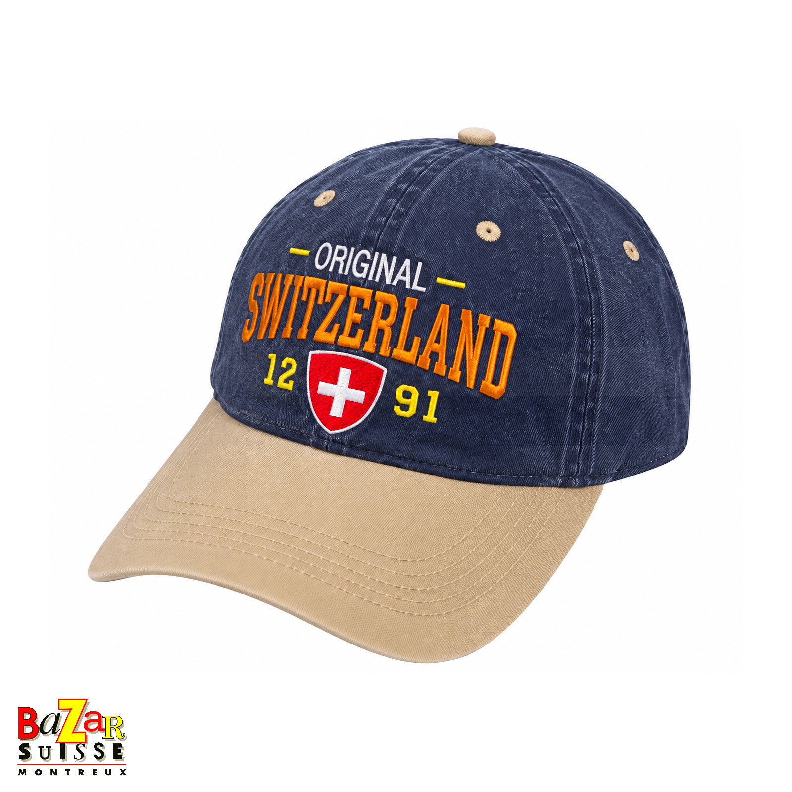 Blau-beige Kappe mit Switzerland-Stickerei