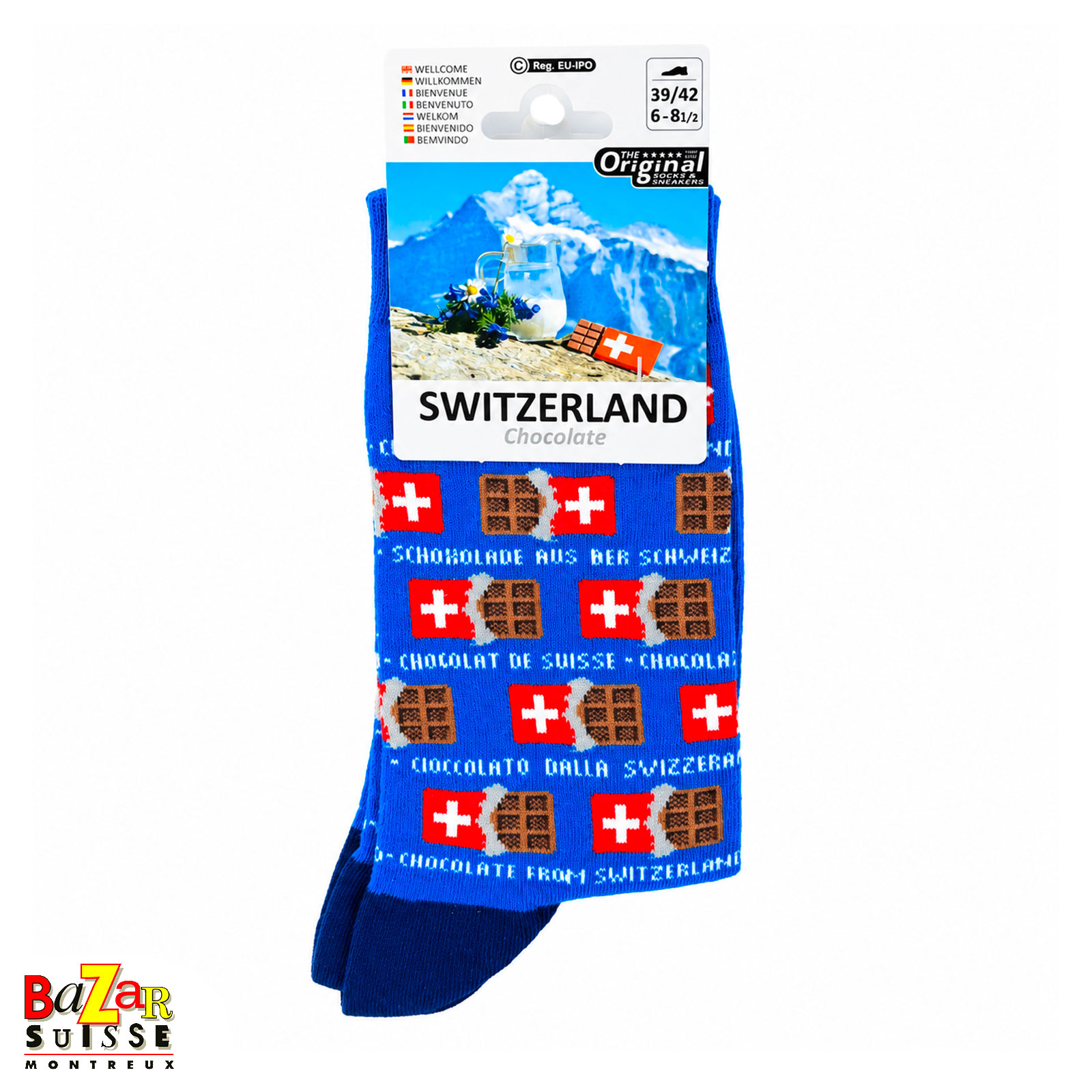Socken - Schokolade und Schweizerkreuze auf Blau