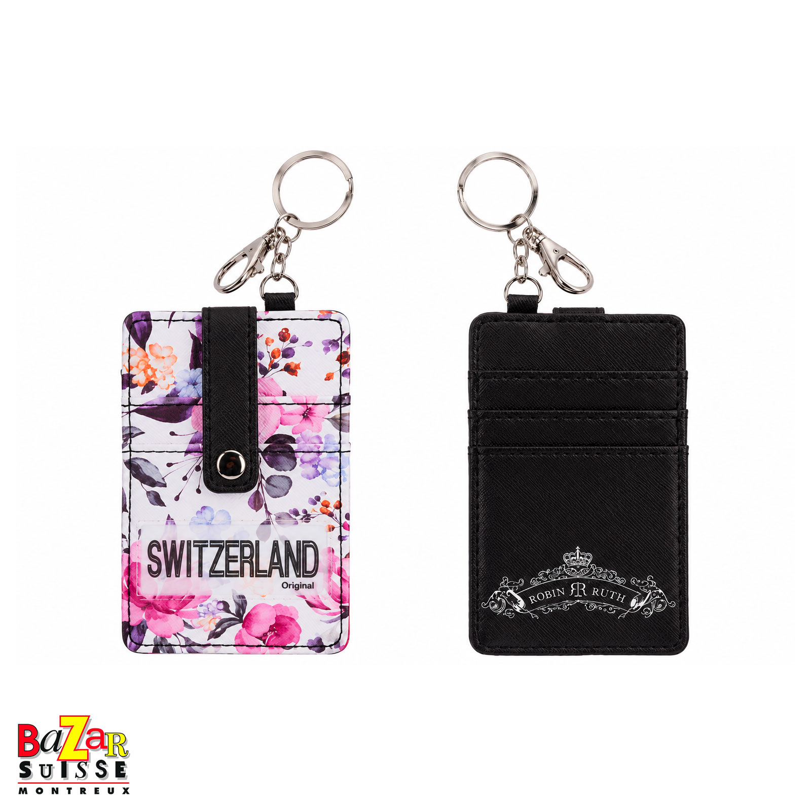 Porte-cartes avec porte-clés Robin Ruth - Switzerland noir à fleurs roses