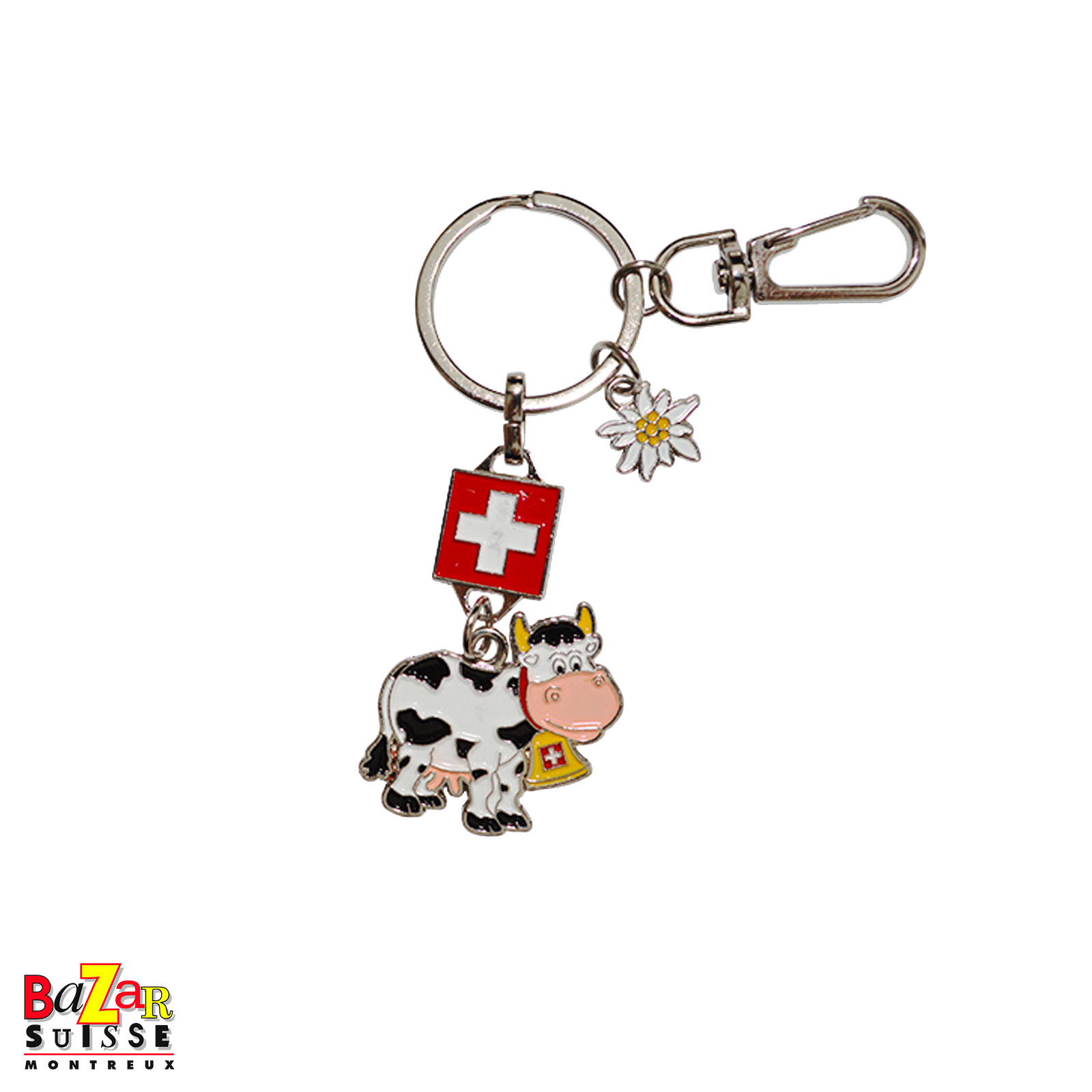 Cow keyring - Swiss flag and edelweiss