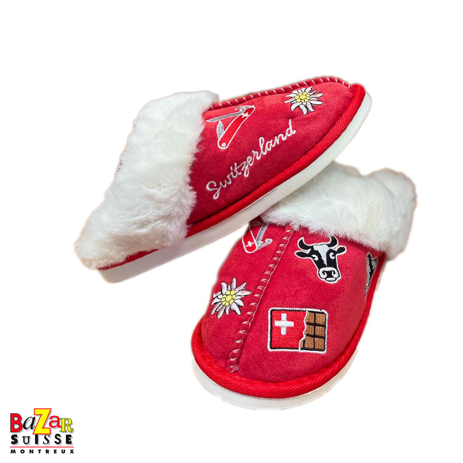 Red slippers with Swiss motifs