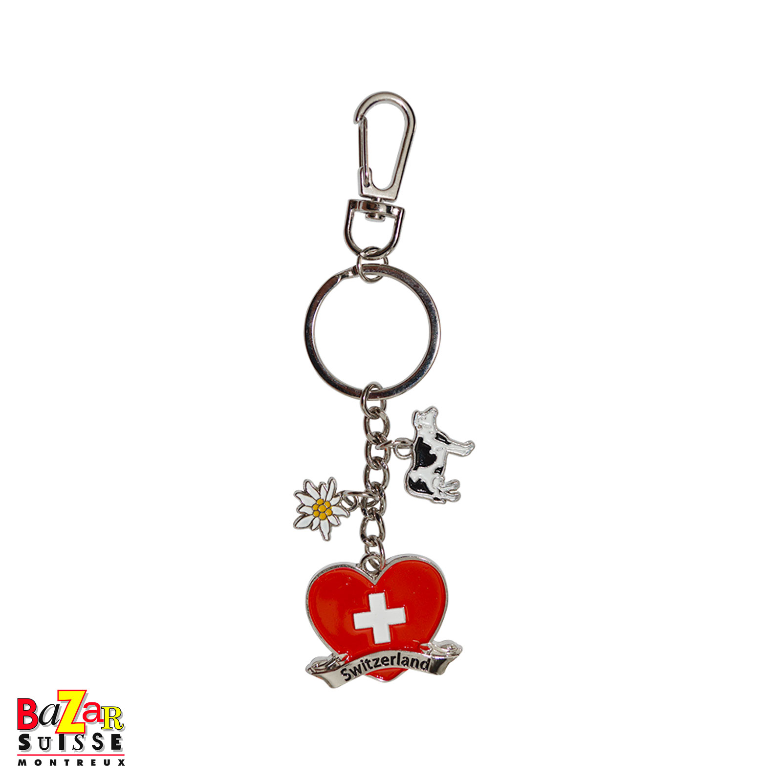 Swiss heart keyring with cow and edelweiss