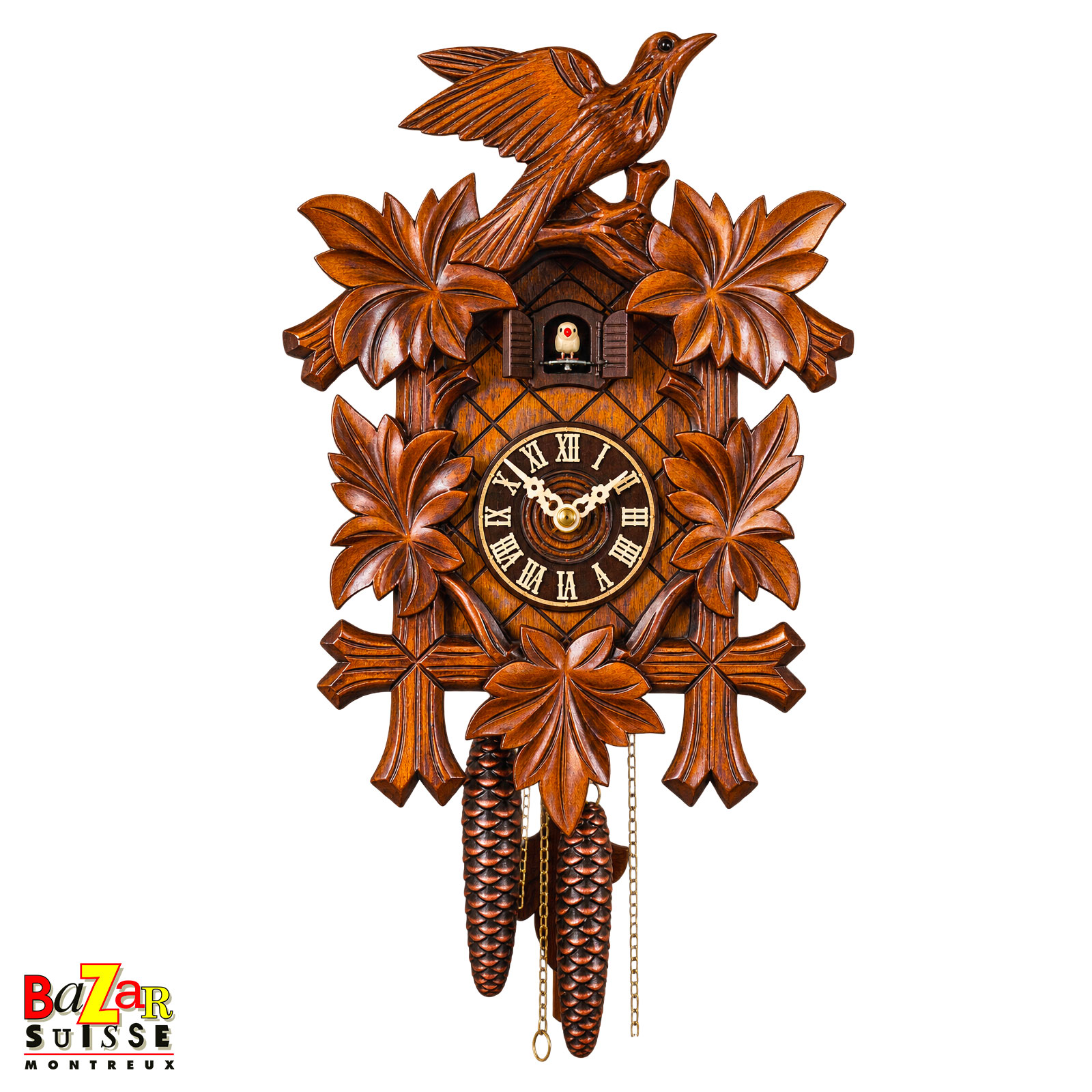 Orologio a cucù meccanico - cinque foglie, stelle alpine e genziane - 23 cm