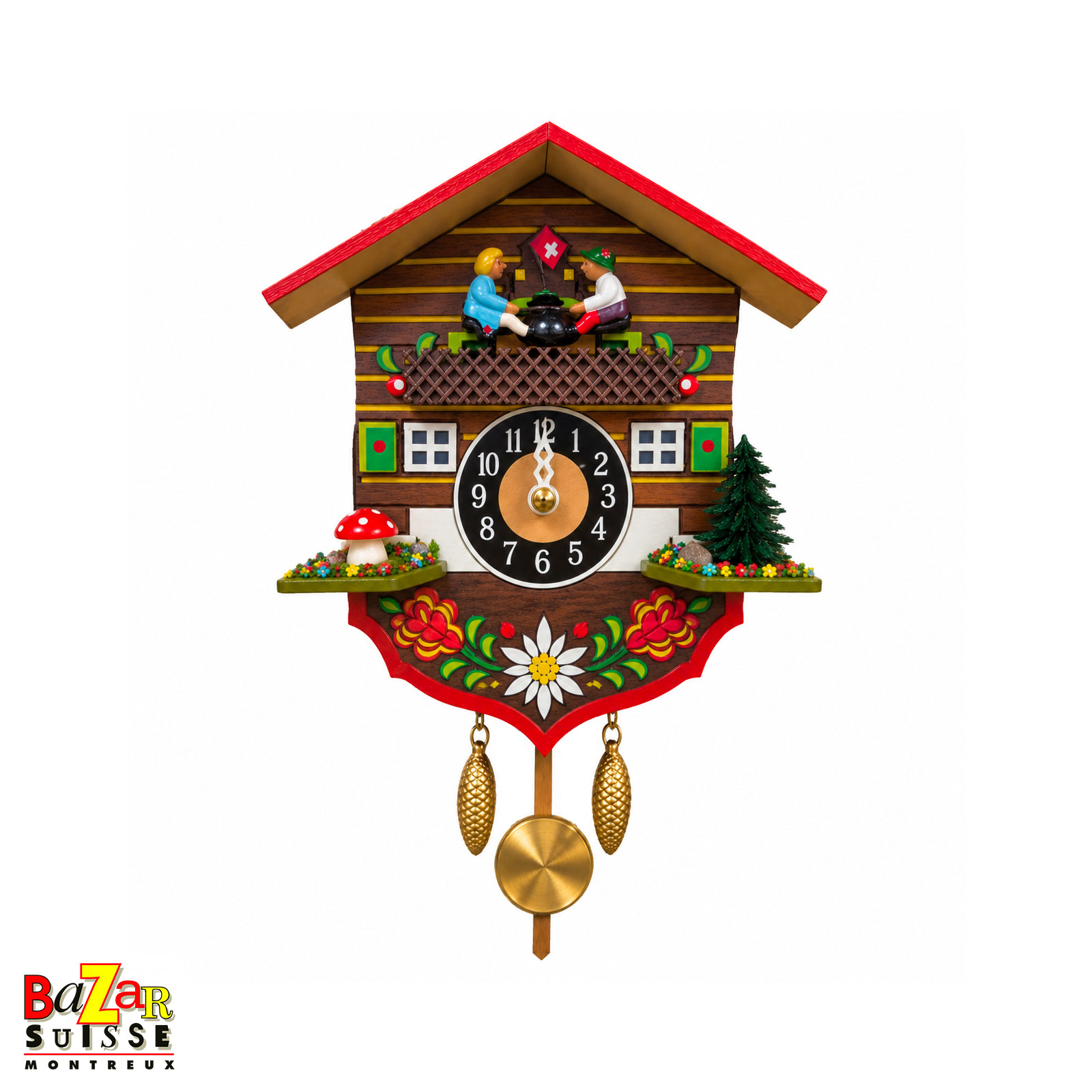 Small quartz clock - chalet with children and gold-coloured pendulum - 10 cm
