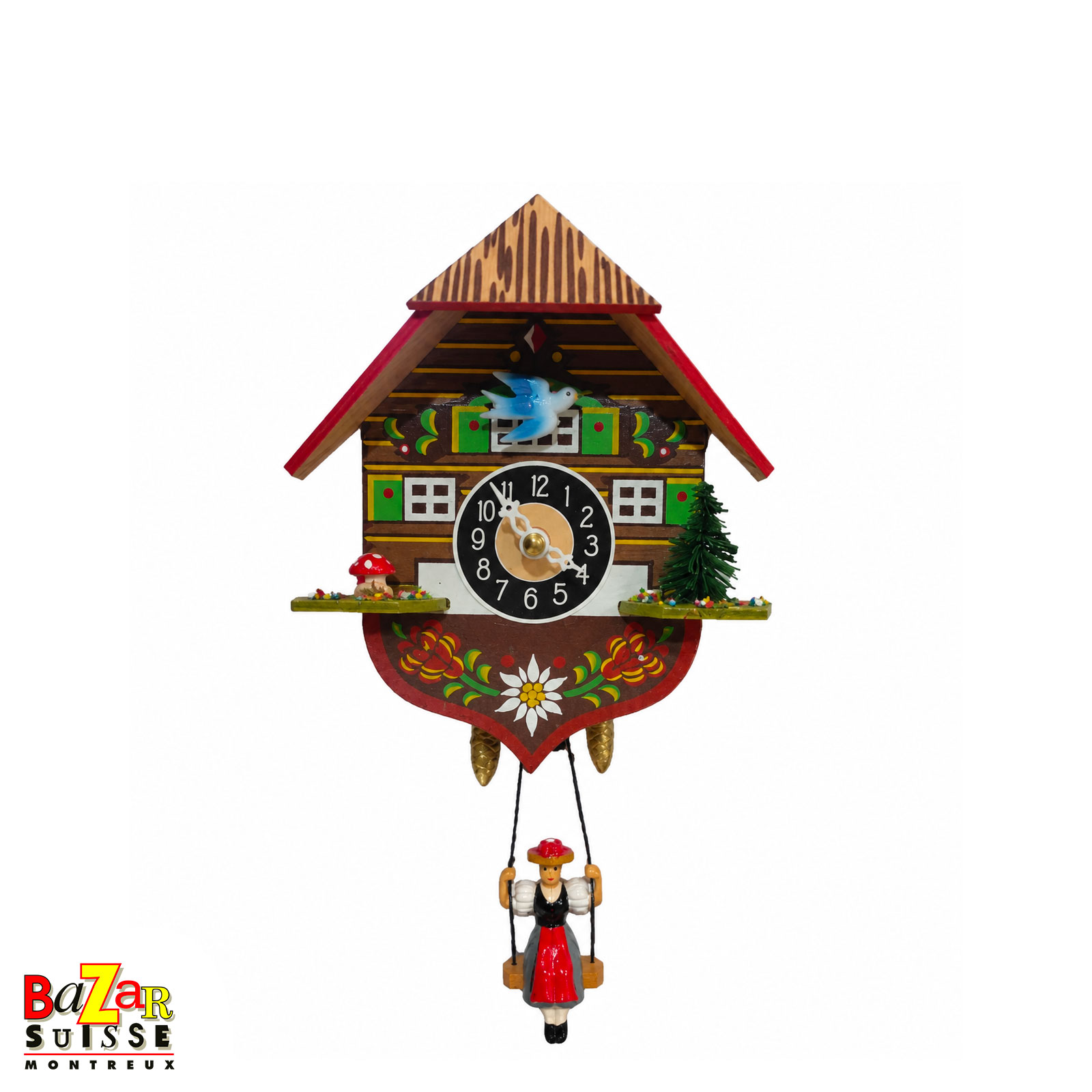 Small quartz clock - chalet with green shutters and edelweiss - 13 cm