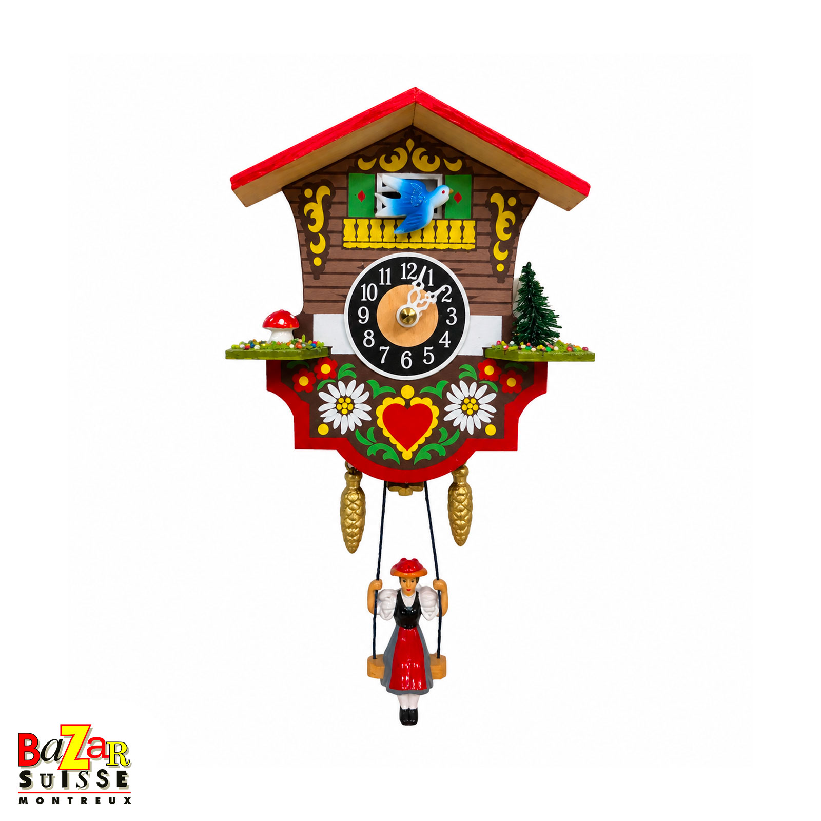 Small quartz clock - chalet with red heart - 12 cm
