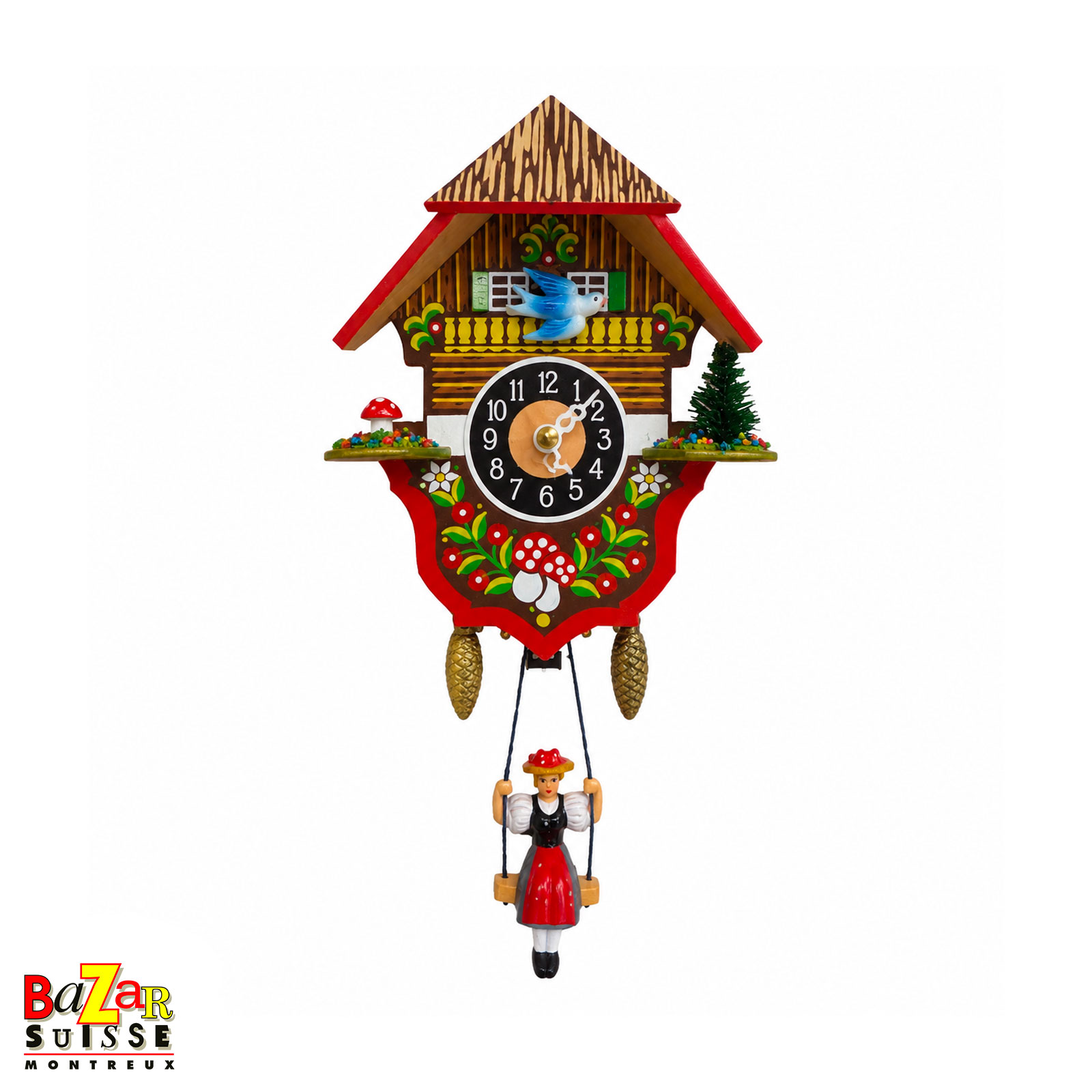 Small quartz clock - red chalet with striped gable - 13 cm