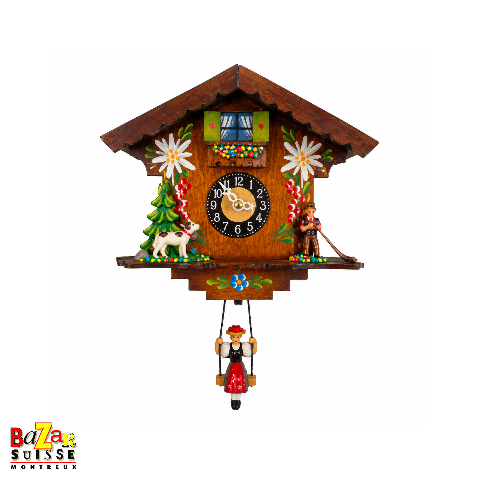 Small quartz clock - edelweiss chalet with alphorn player - 12 cm