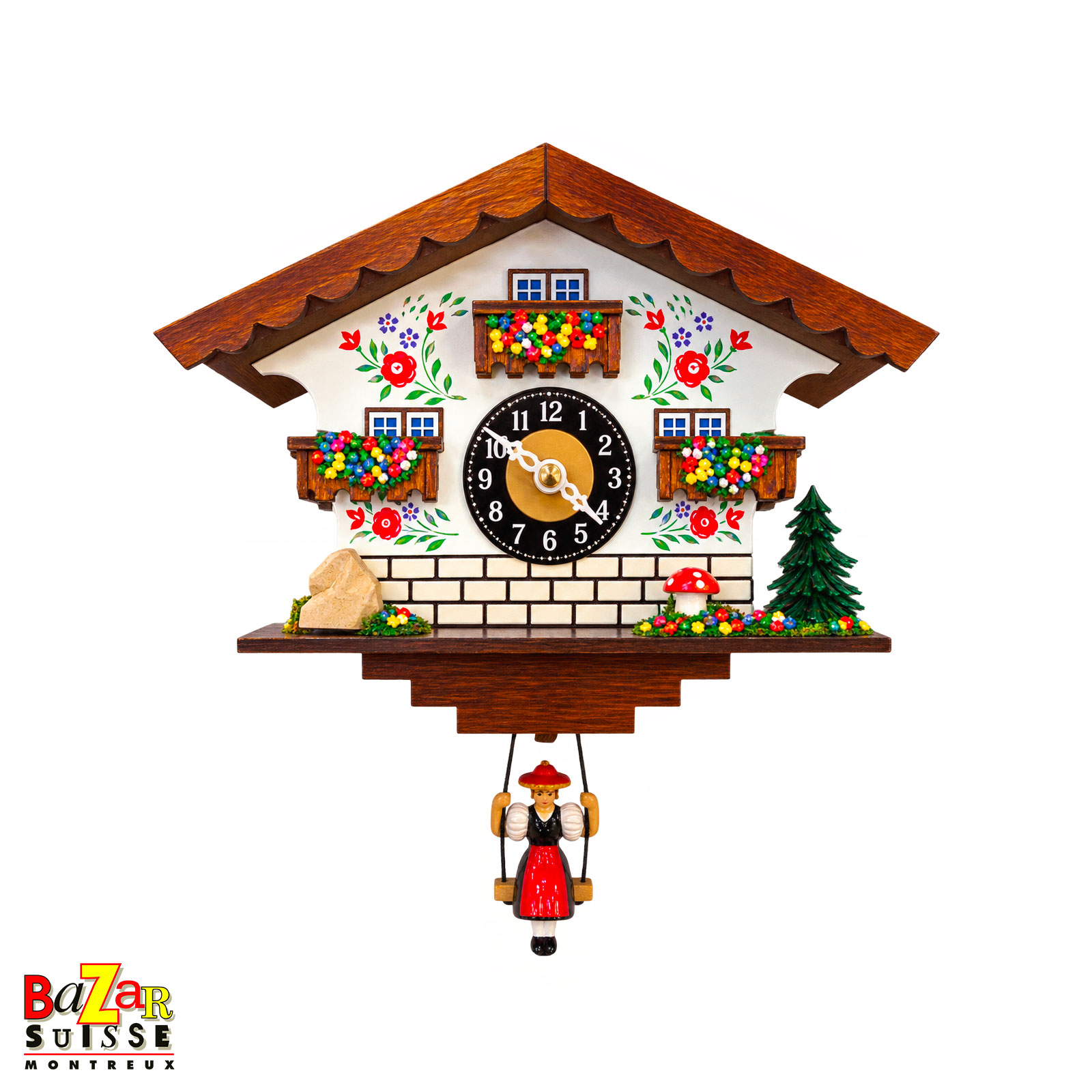 Small quartz clock - flowered chalet with white façade - 12 cm