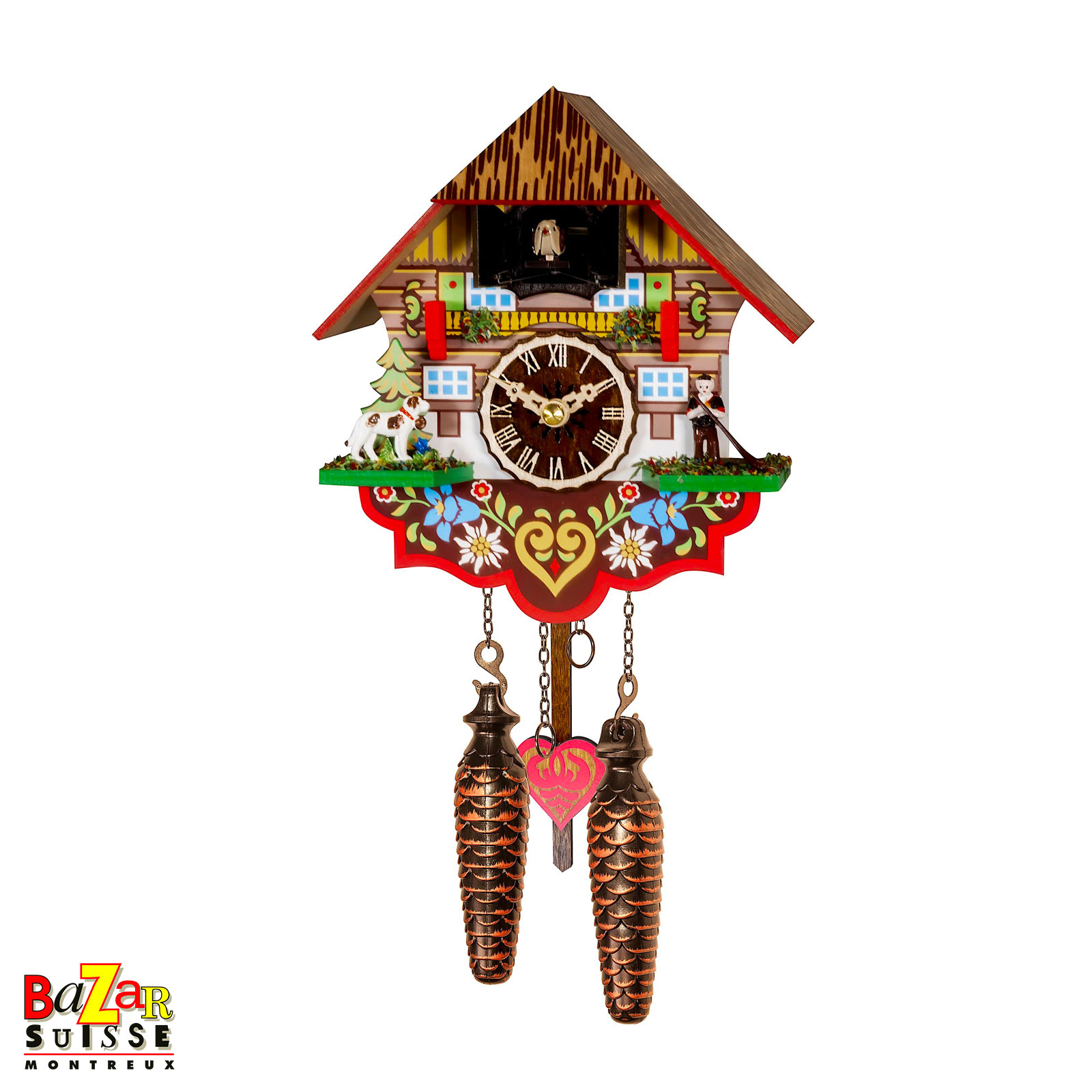 Orologio a cucù al quarzo - suonatore di corno delle Alpi e cane - 20 cm
