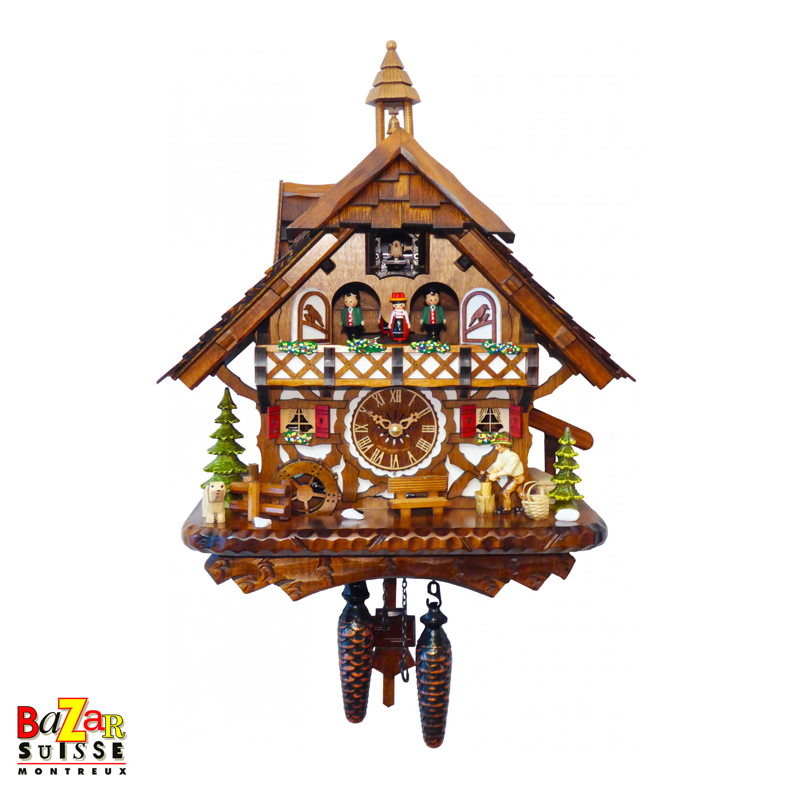 Orologio a cucù al quarzo con musica - boscaiolo, mulino e ballerini - 42 cm