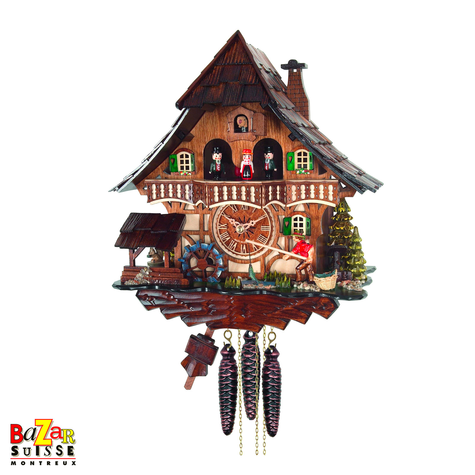 Orologio a cucù al quarzo con musica - pescatore, mulino e ballerini - 34 cm