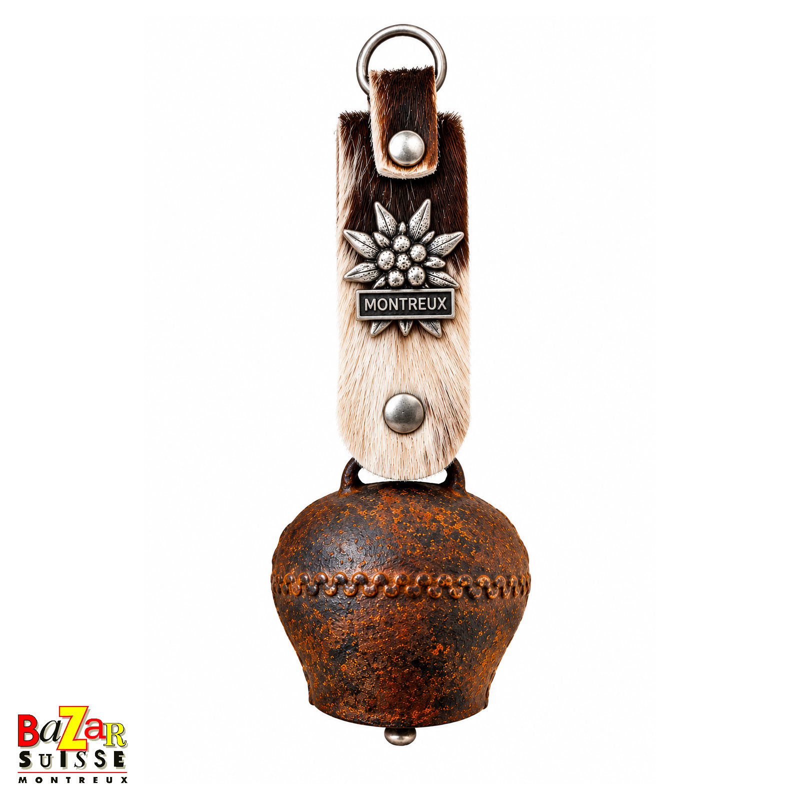 Forged sheet-metal bell with hair-on cowhide strap - 14.5 cm