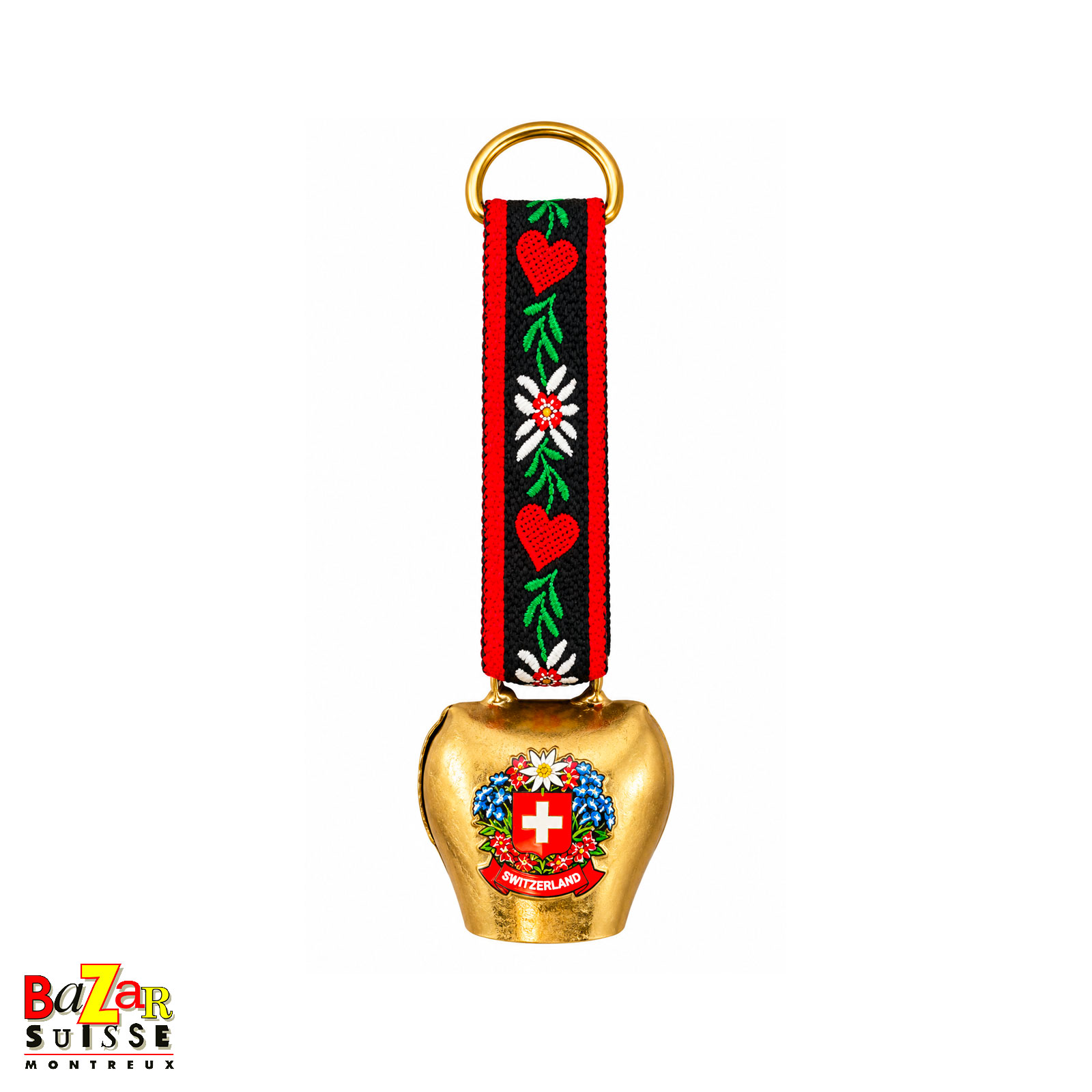 Small bell with edelweiss and heart ribbon - 9 cm