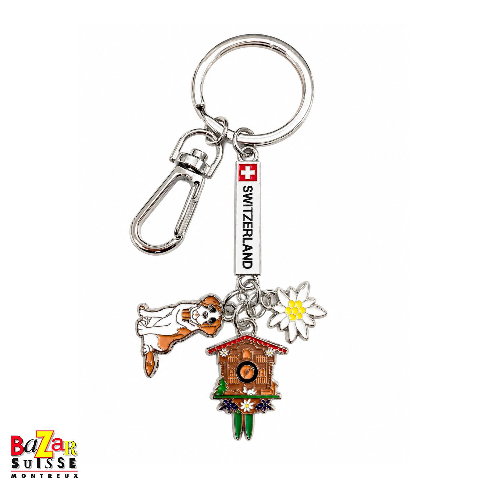 Switzerland keyring - Saint Bernard, clock and edelweiss