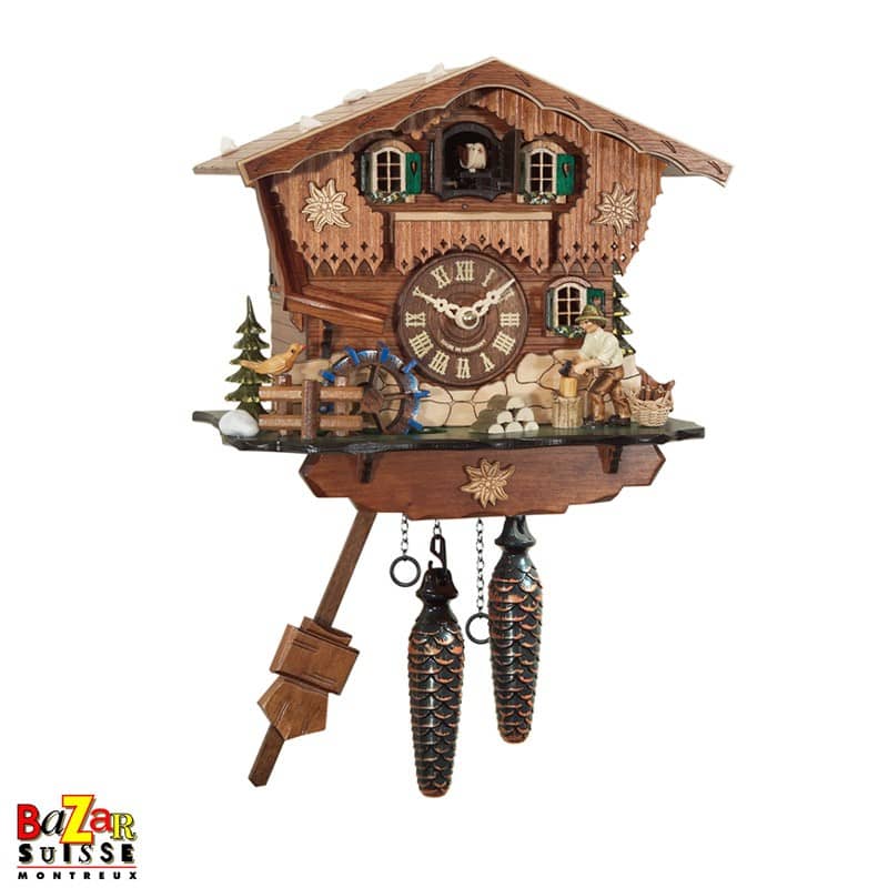 Quarz-Kuckucksuhr - Holzfäller/Wassermühle
