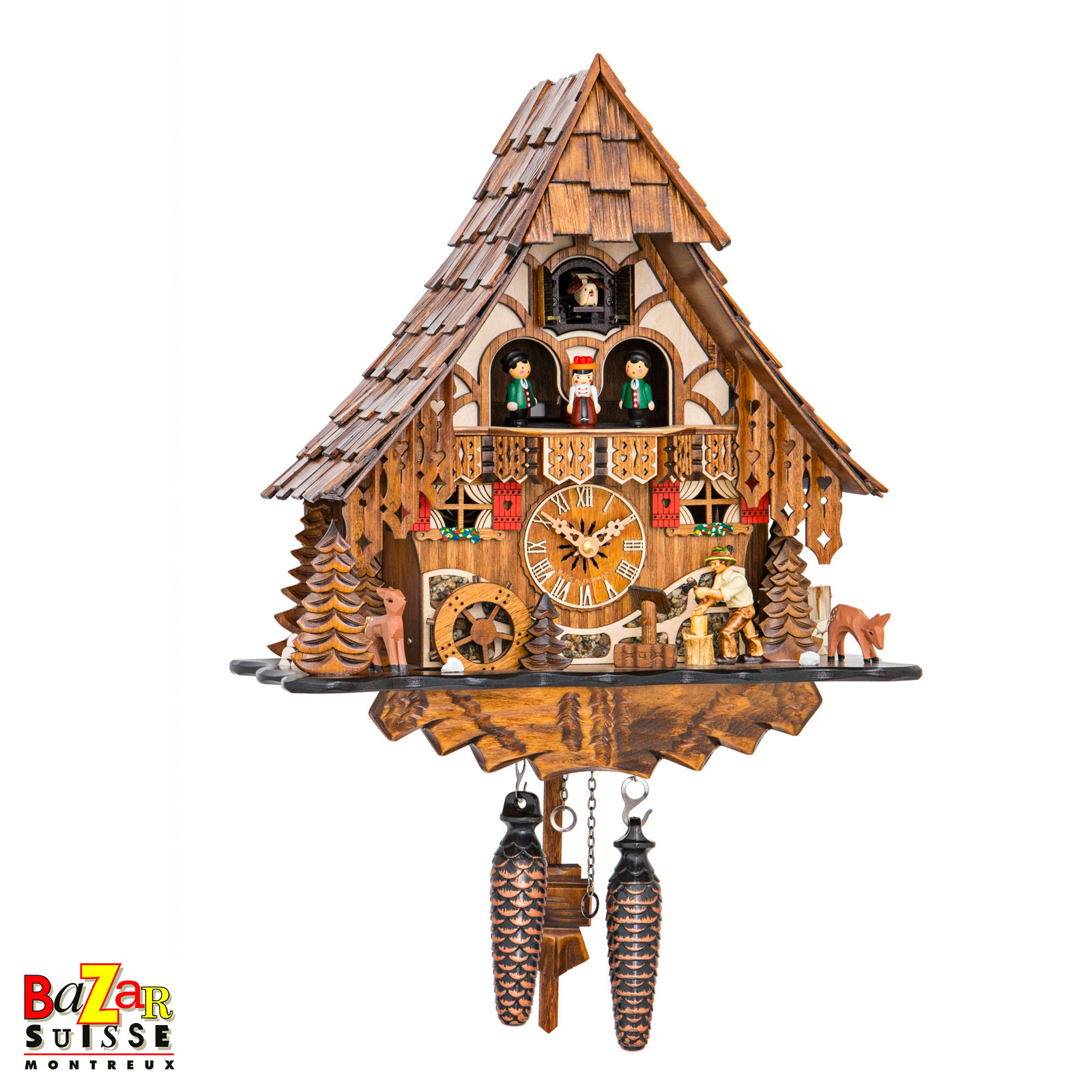 Orologio a cucù al quarzo - boscaiolo, mulino e ballerini - 37 cm