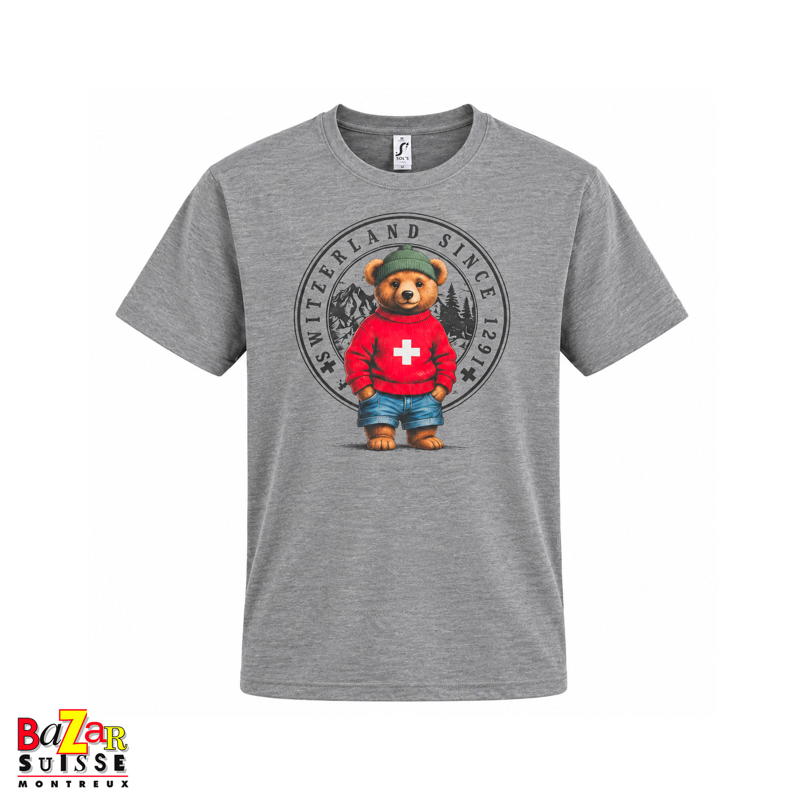 Graues Unisex-T-Shirt mit Schweizer Bär