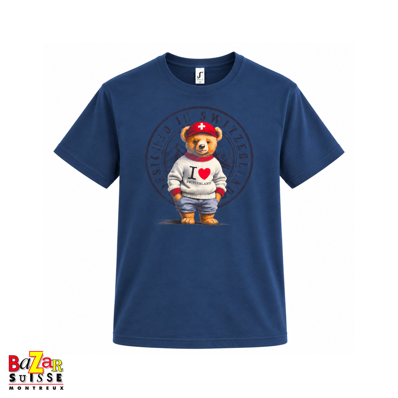 Blaues Unisex-T-Shirt mit Schweizer Bär