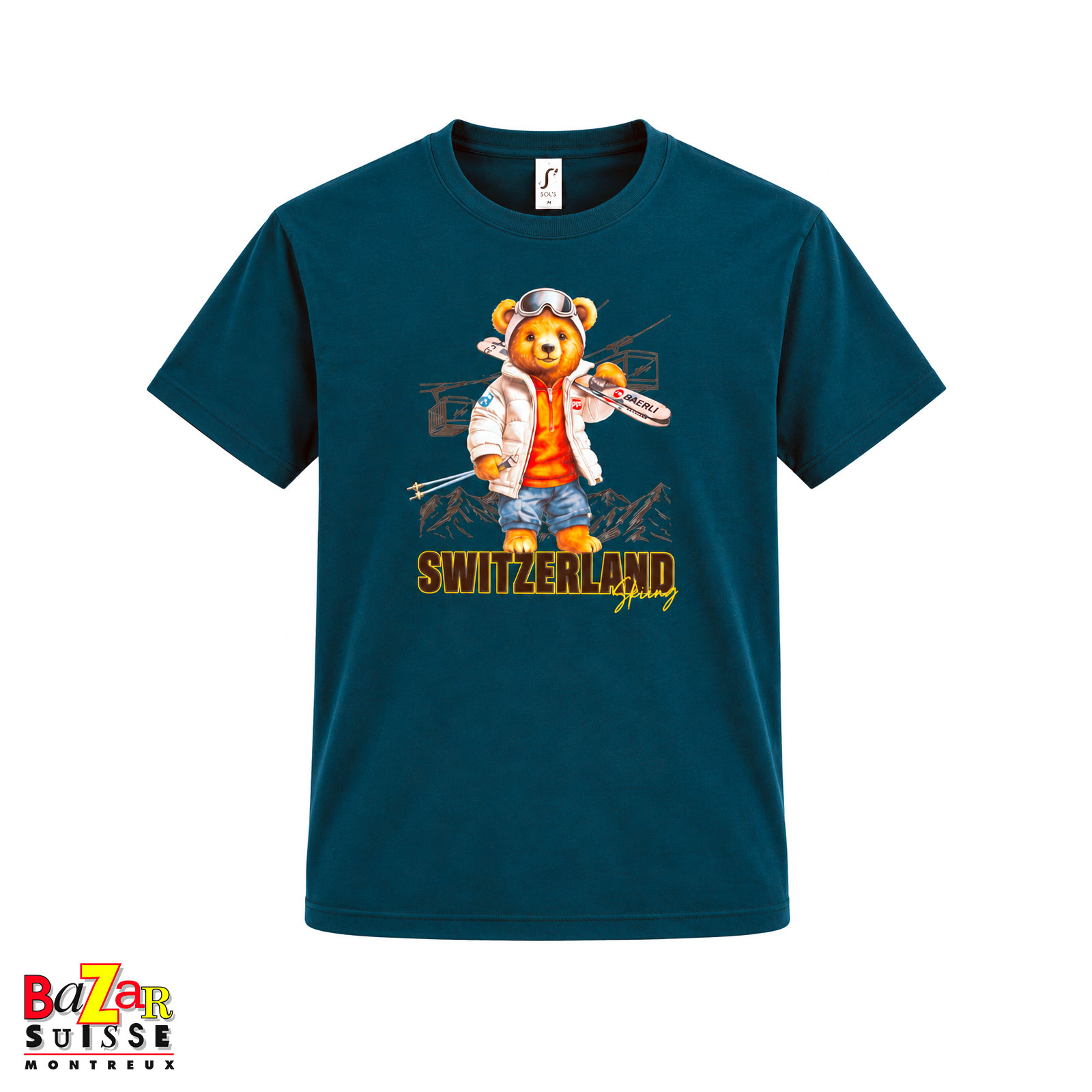 Petrolblaues Unisex-T-Shirt mit Schweizer Skibär